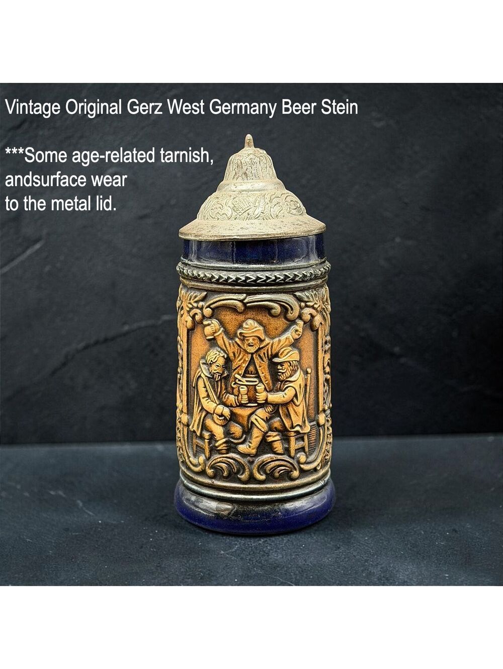 Vintage Gerz West Germany Beer Stein Metal Lid Cobalt Blue Relief Tankard 7"